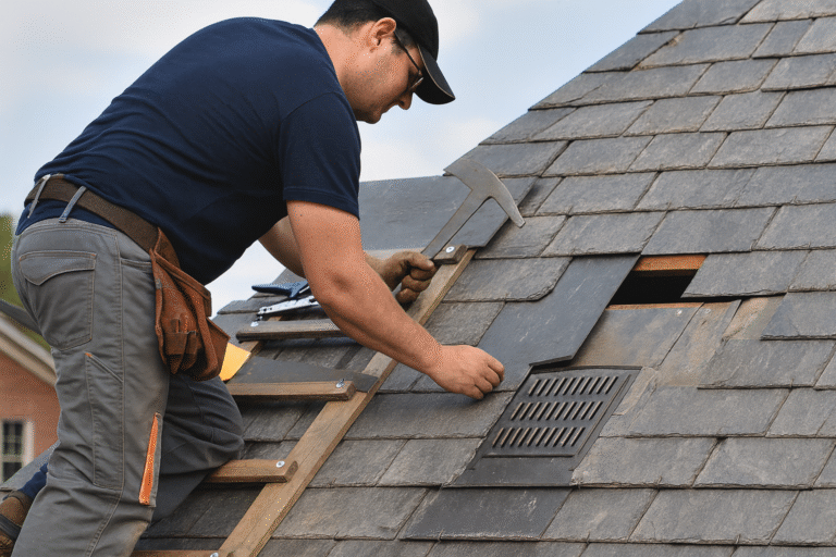 Roofer replacing damaged shingles during a roof replacement in Lakeland, GA.