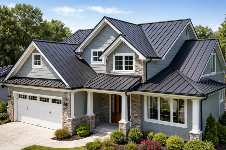 Modern charcoal metal roofing panels on a South Georgia residential home.