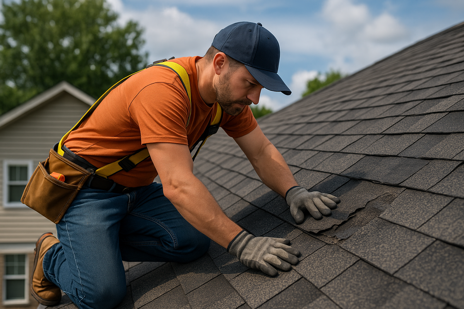 Roofer inspecting a damaged shingle roof for leaks during a residential roof repair in Lakeland, GA.