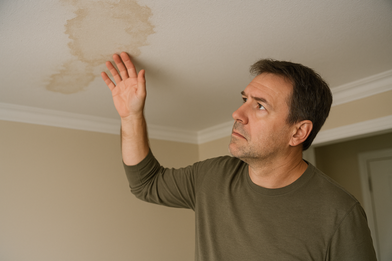 Homeowner noticing water stains on a ceiling, a clear sign that roof repair is needed to prevent costly interior damage.