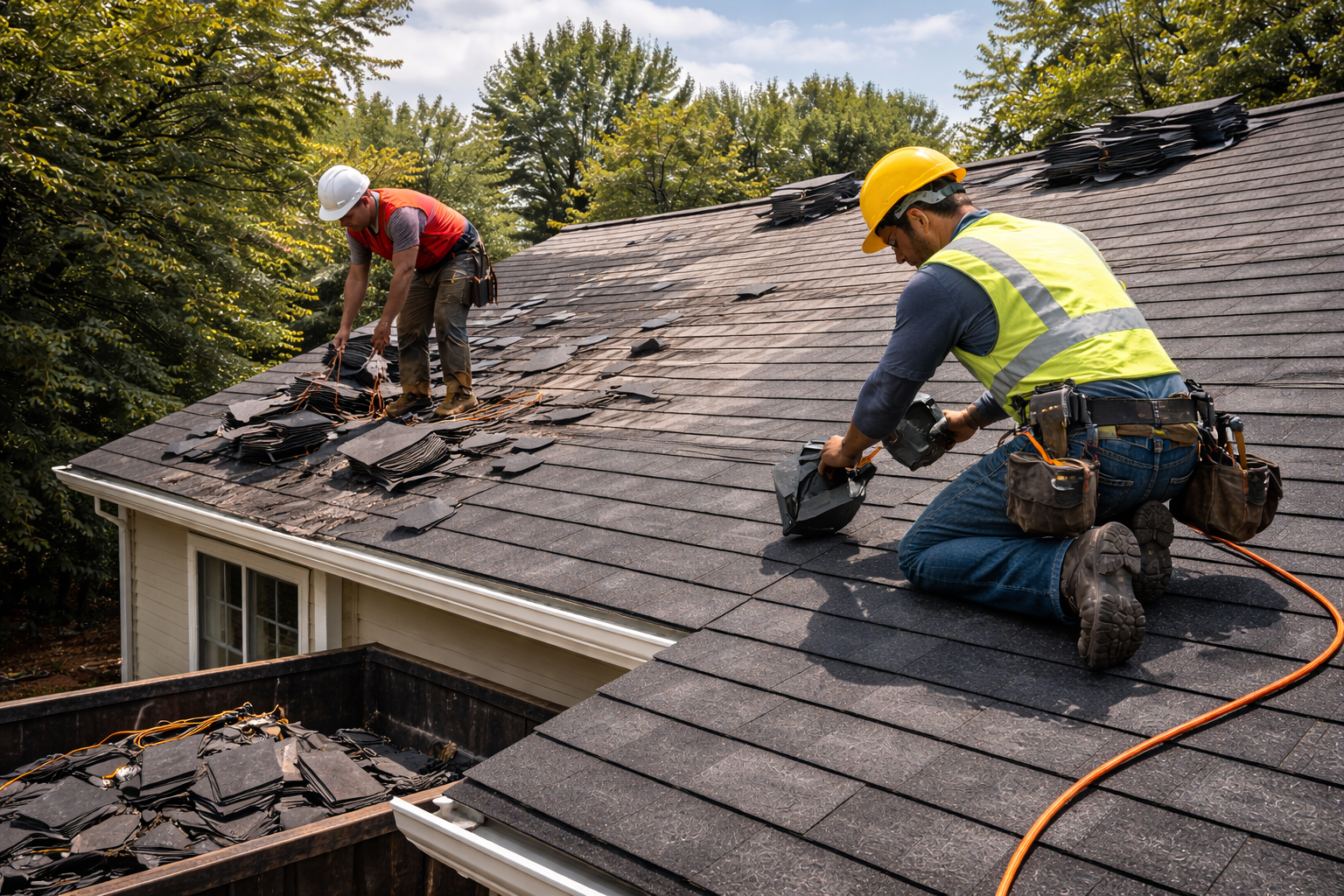 Professional reroofing service replacing an aging residential roof with new shingles.
