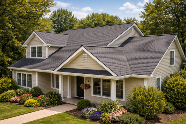 Newly reroofed home with energy-efficient roofing materials, improving insulation.
