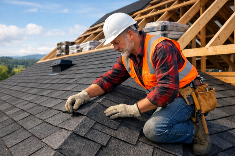 Experienced roofing contractor inspecting roof structure during a quality new roof installation.